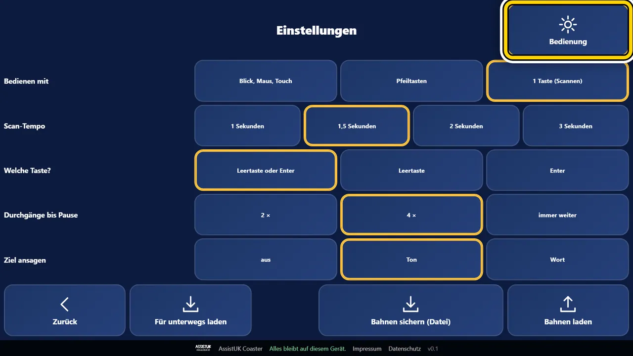 Einstellungen, Seite Tasten: Bedienen mit Blick, Maus, Touch oder Pfeiltasten oder 1 Taste; Scan-Tempo, welche Taste, Durchgänge bis Pause, Ziel ansagen