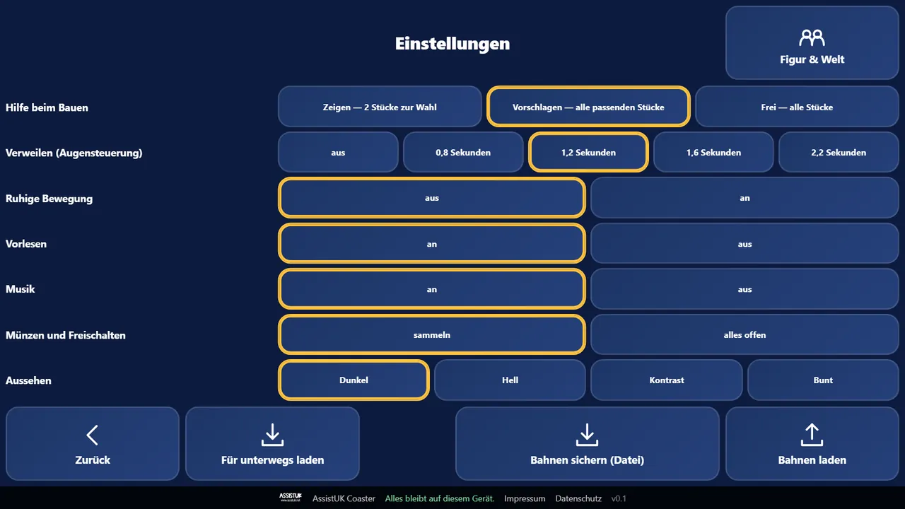 Einstellungen, Seite Bedienung: Hilfe beim Bauen, Verweilen, ruhige Bewegung, Vorlesen, Musik, Münzen und Aussehen