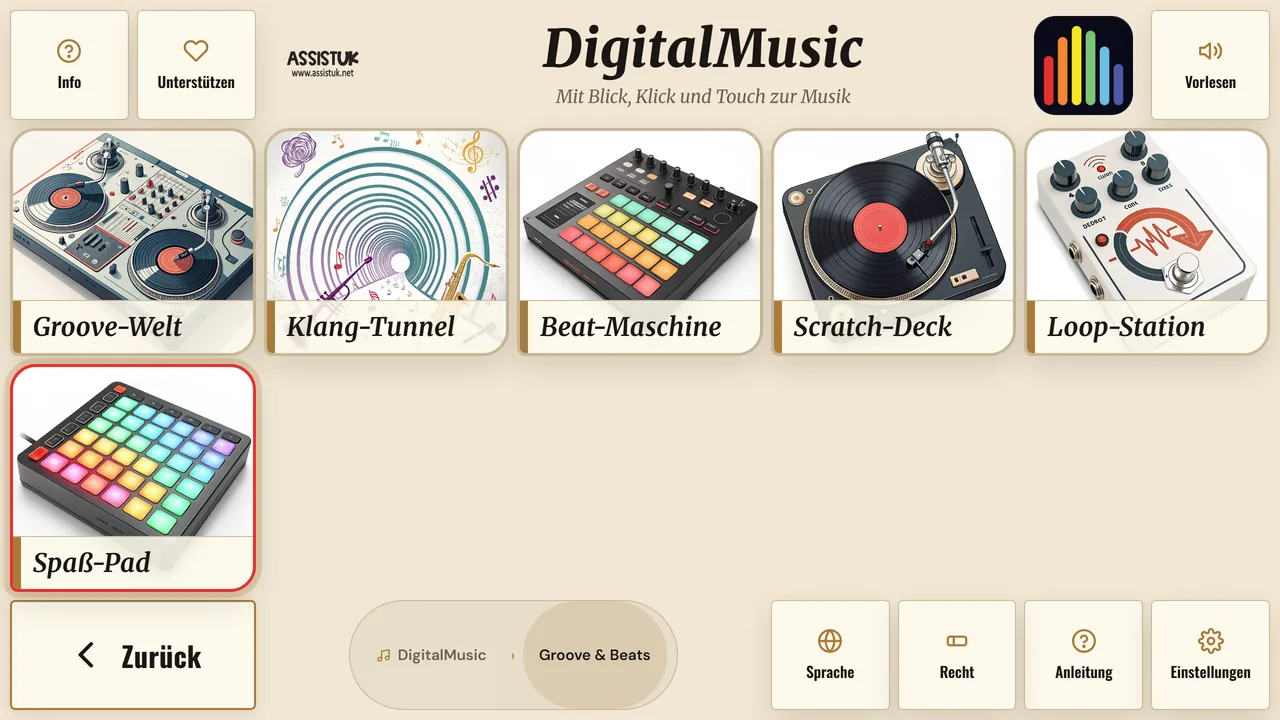 Bereich Groove & Beats mit Beat-Maschine, Scratch-Deck und Loop-Station