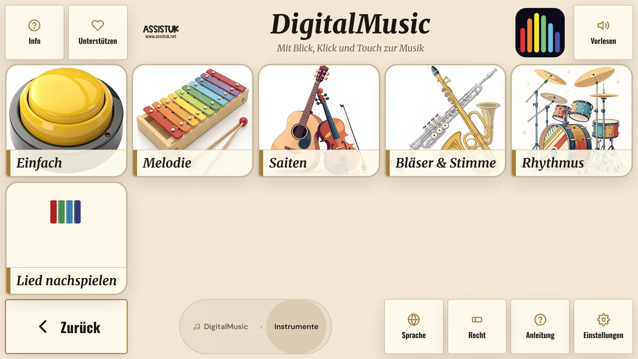 Bereich Instrumente: Einfach, Melodie, Saiten, Bl&auml;ser & Stimme, Rhythmus und Lied nachspielen
