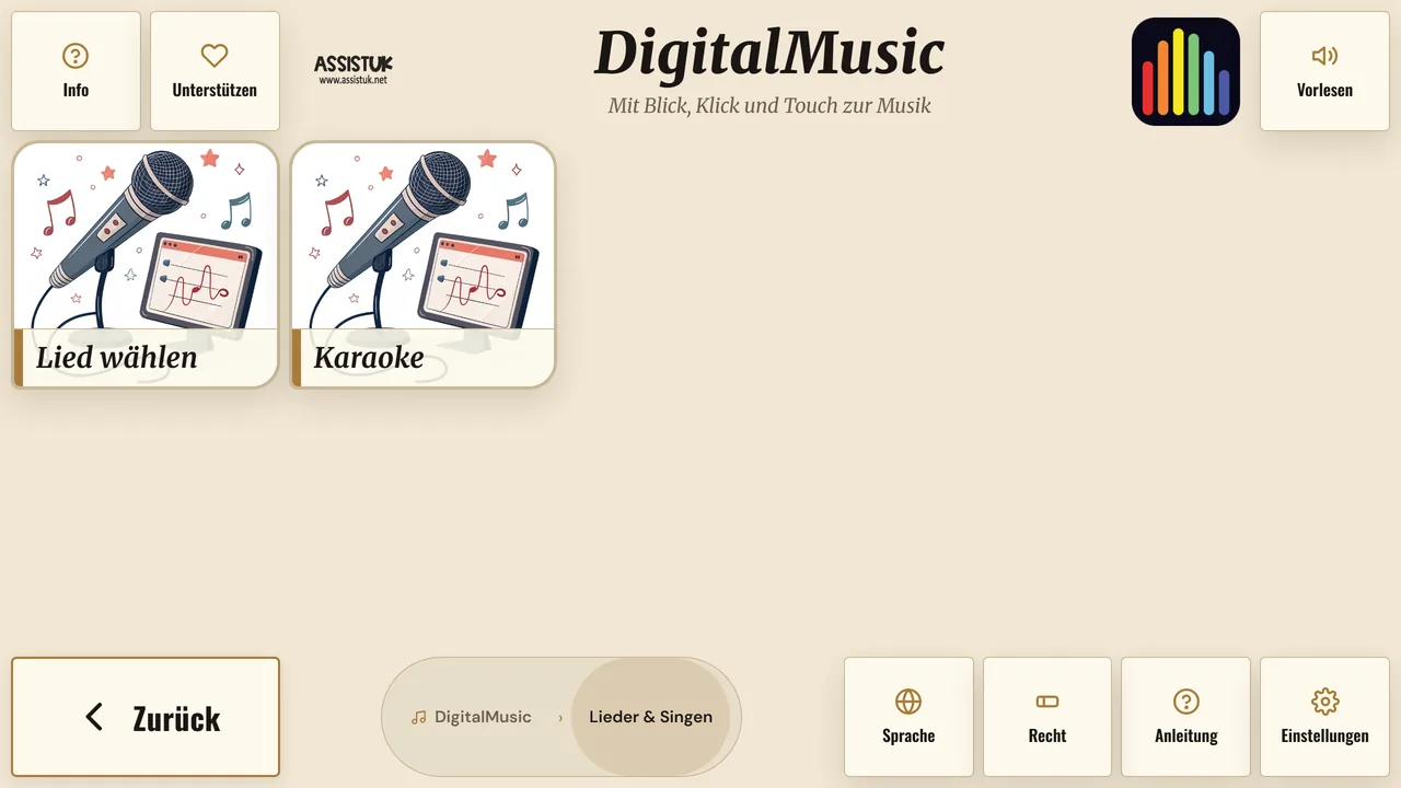 Bereich Lieder & Singen mit Lied w&auml;hlen und Karaoke