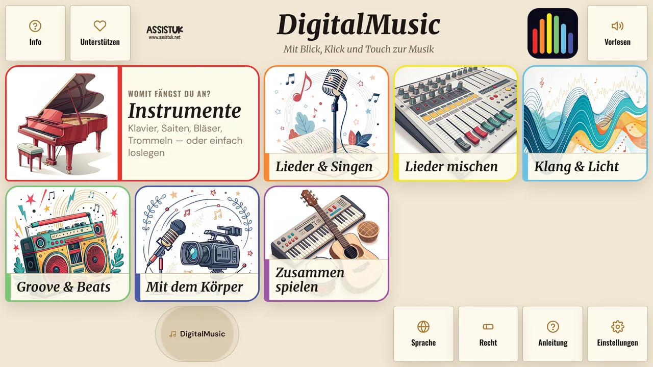 Startseite von DigitalMusic mit den sieben Bereichen als Kacheln