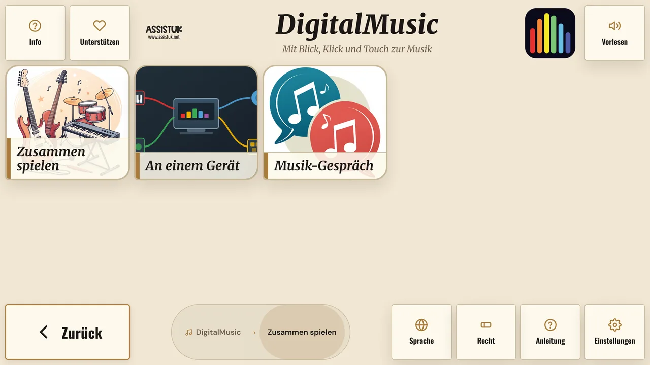 Bereich Zusammen spielen mit Band-Sitzung, An einem Ger&auml;t und Musik-Gespr&auml;ch