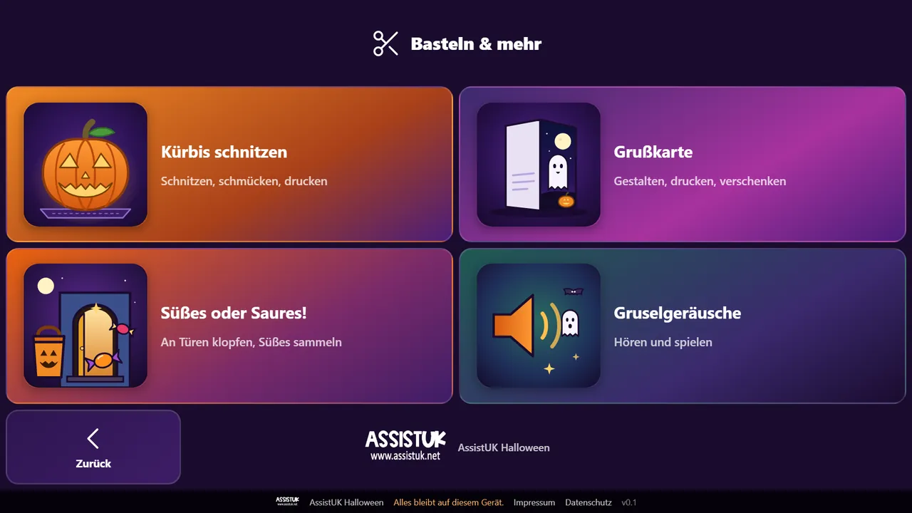 Basteln und mehr: vier Kacheln Kürbis schnitzen, Grußkarte, Süßes oder Saures und Gruselgeräusche