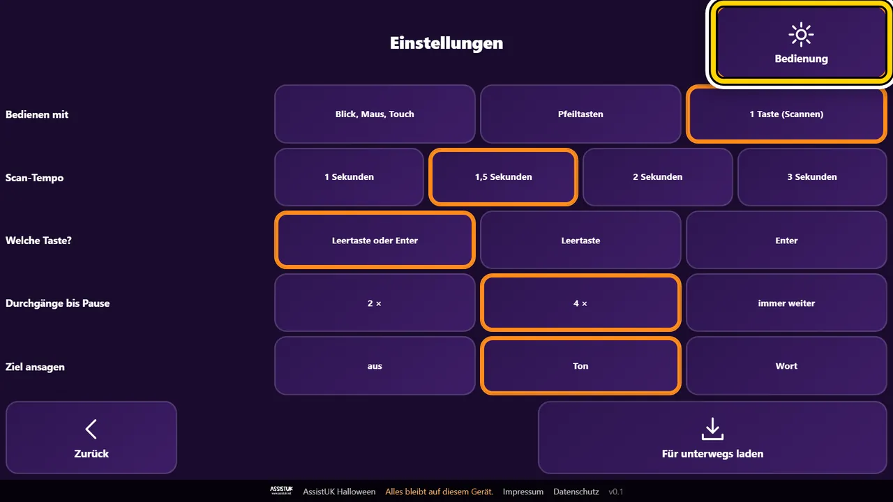 Einstellungen, Seite Tasten: Bedienen mit, Scan-Tempo, welche Taste, Durchgänge bis Pause, Ziel ansagen