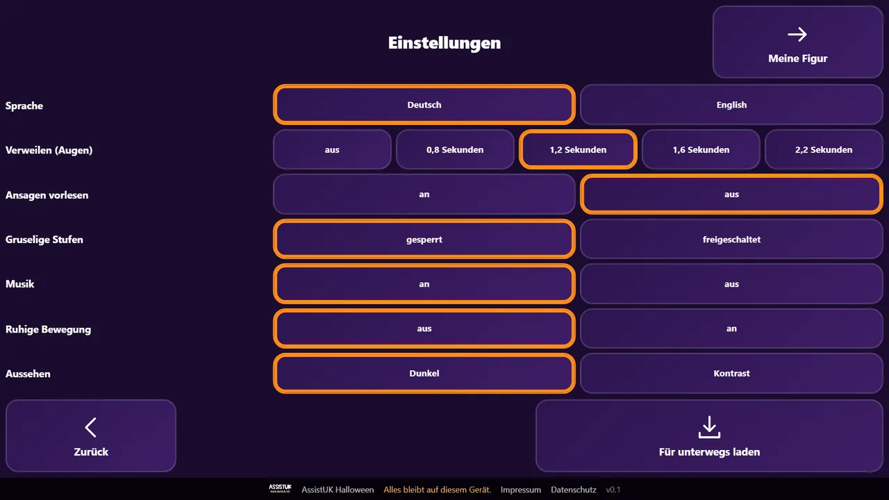 Einstellungen, Seite Bedienung: Sprache, Verweilen, Ansagen vorlesen, Gruselige Stufen gesperrt oder freigeschaltet, Musik, Ruhige Bewegung, Aussehen