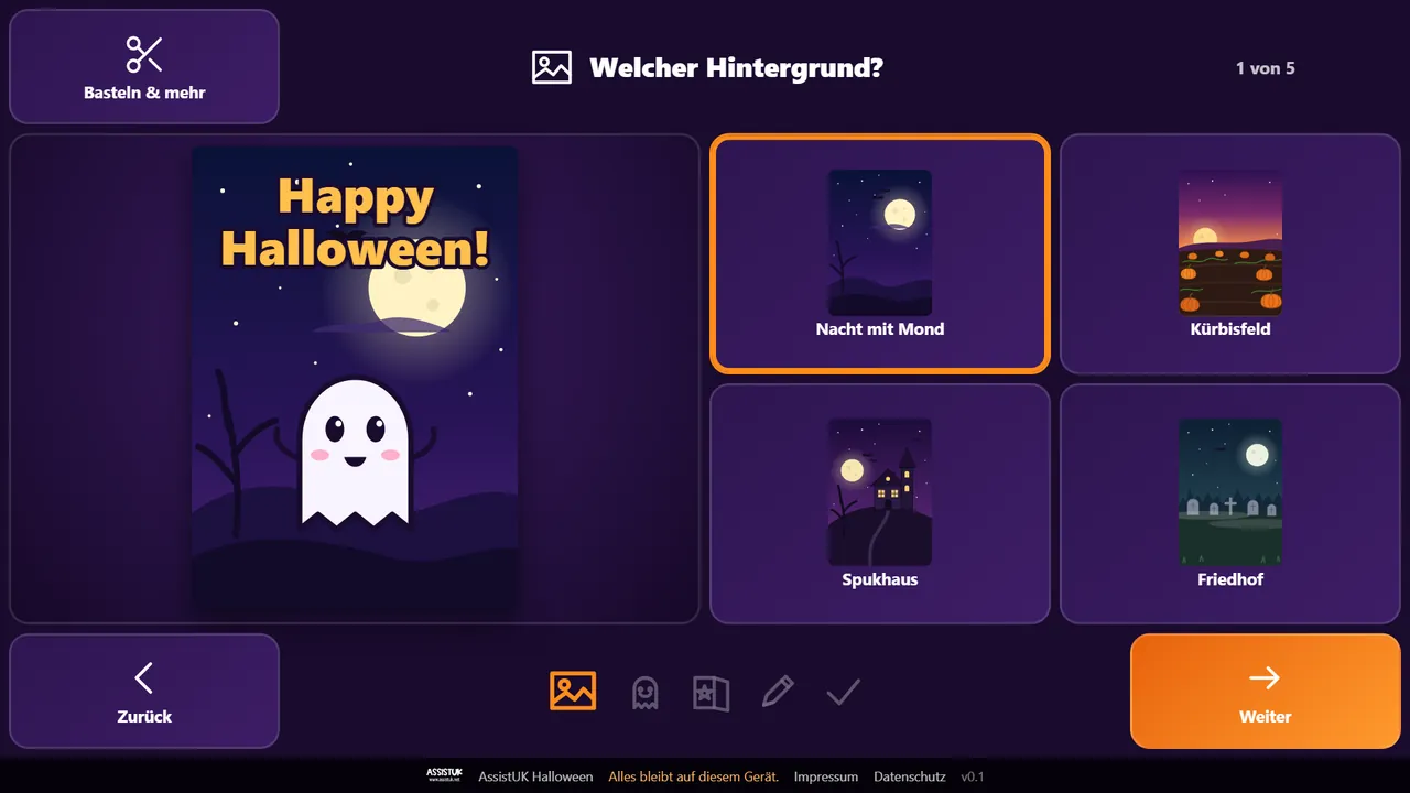 Grußkarte, Schritt 1 von 5: links die Karte mit einem Geist und Happy Halloween, rechts vier Hintergründe zur Wahl