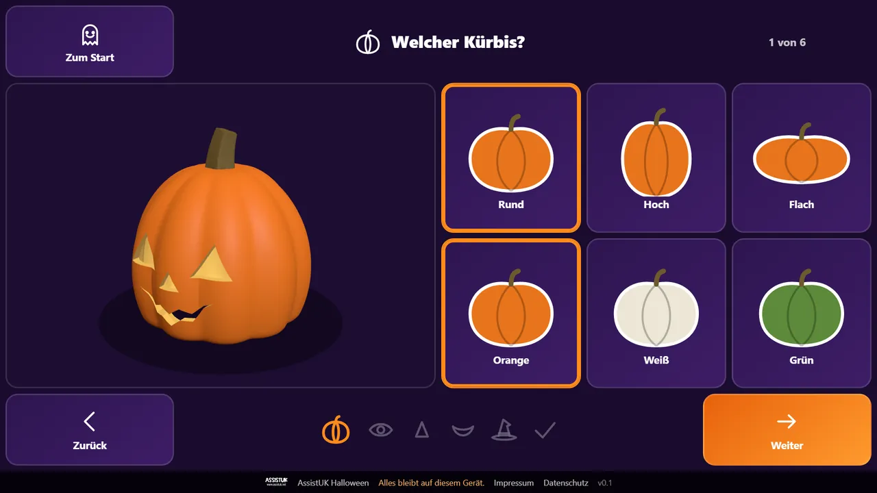 Kürbis-Werkstatt, Schritt 1 von 6: links der Kürbis in 3D, rechts die Wahl zwischen rund, hoch und flach sowie orange, weiß und grün