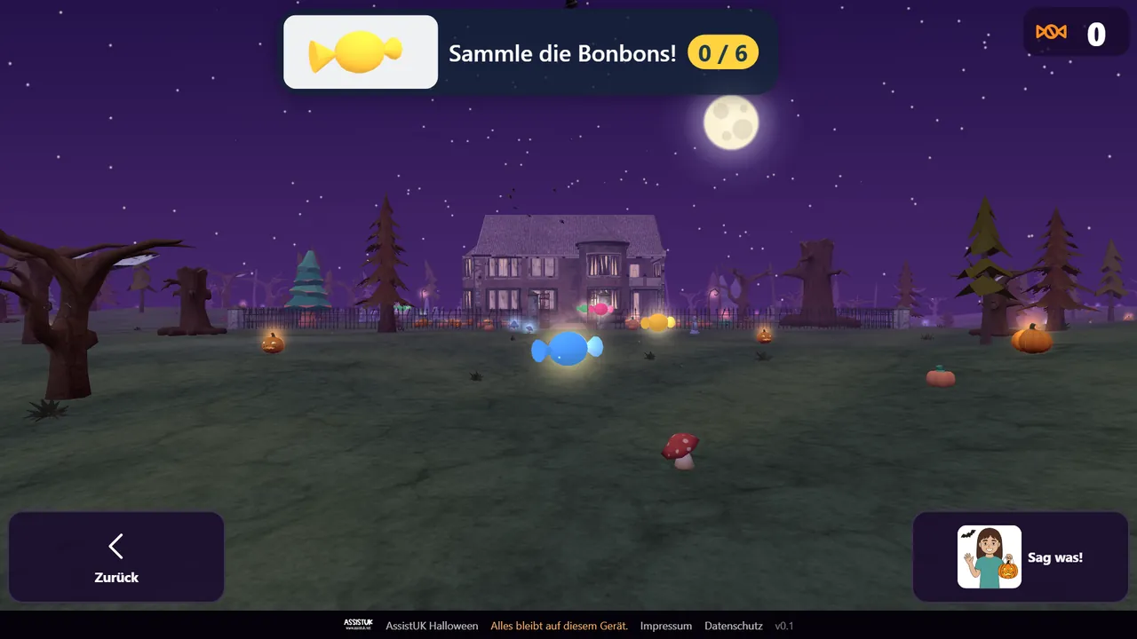 Spukgarten bei Vollmond: Bonbons vor der Villa, oben der Auftrag Sammle die Bonbons