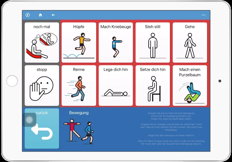 Agismus auf einem Tablet: eine Spielseite mit grossen Feldern