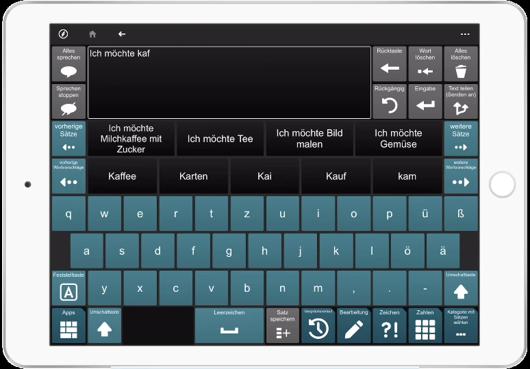 Clavis auf einem Tablet: eine Bildschirmtastatur mit Wortvorschlaegen darueber