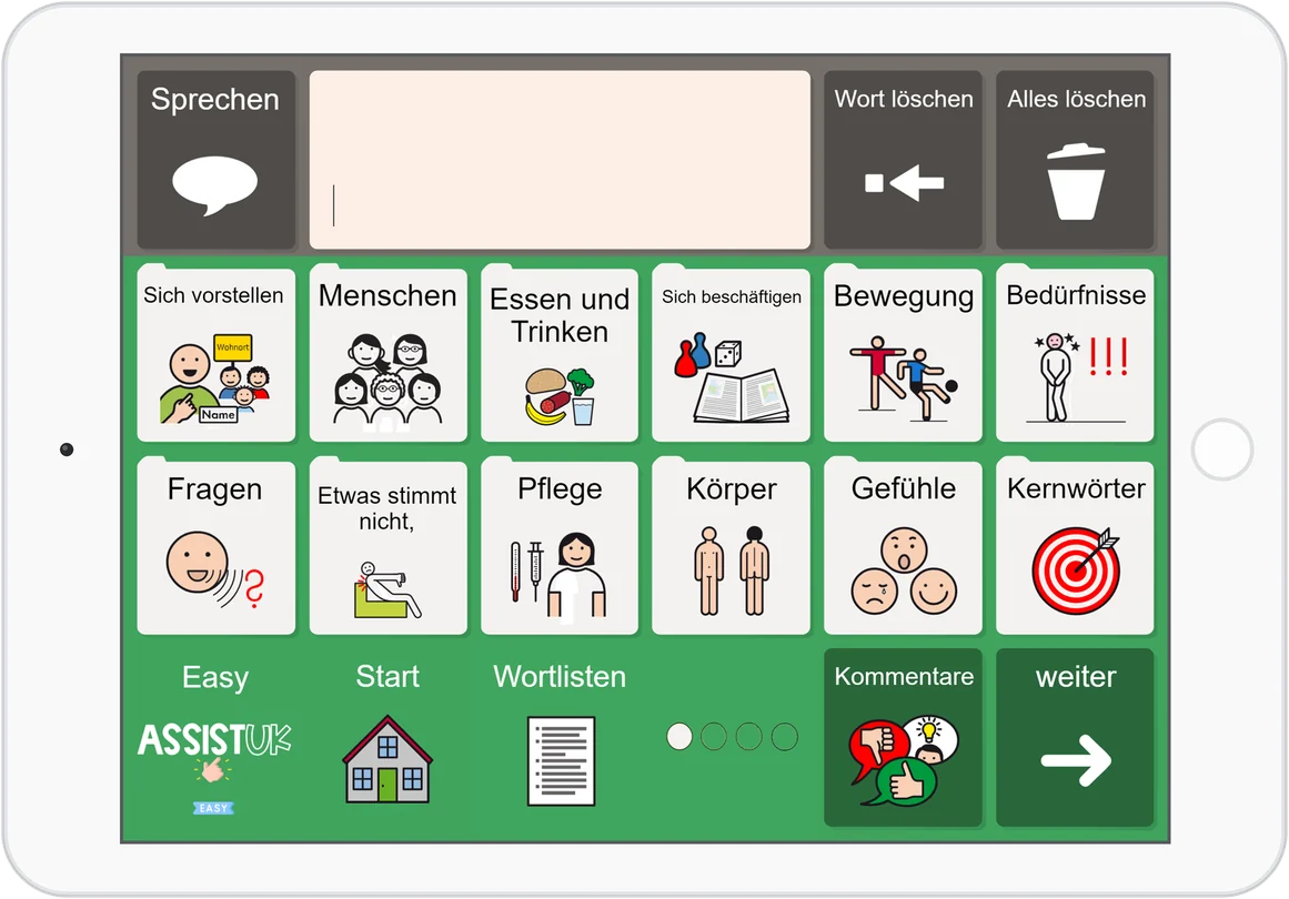 Easy auf dem iPad: die Startseite mit zw&ouml;lf Themen, darunter &bdquo;Sich vorstellen&ldquo;, &bdquo;Essen und Trinken&ldquo;, &bdquo;Gef&uuml;hle&ldquo; und &bdquo;Kernw&ouml;rter&ldquo;