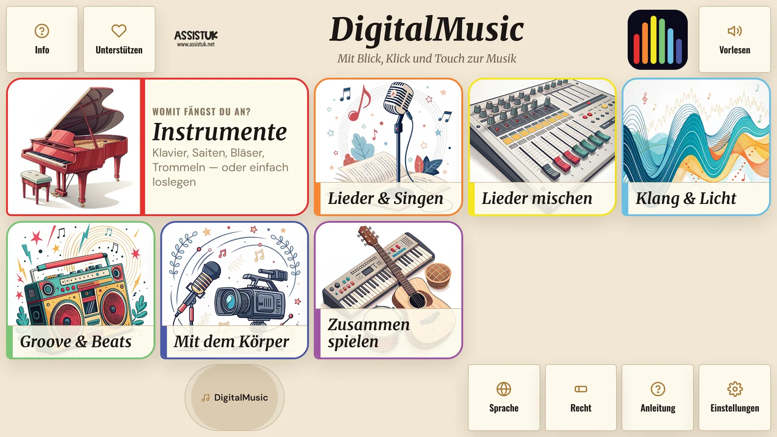 Startbildschirm von DigitalMusic mit Kacheln f&uuml;r Instrumente, Lieder und Zusammen spielen