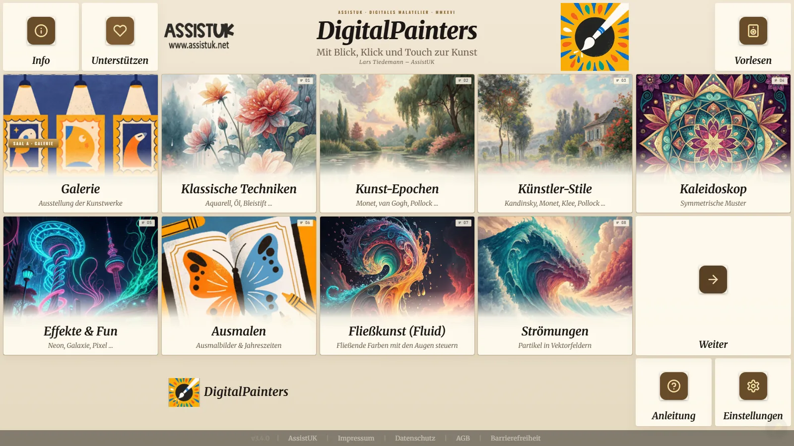 Startbildschirm von DigitalPainters mit Kacheln f&uuml;r Galerie, Klassische Techniken, Kunst-Epochen und Ausmalen