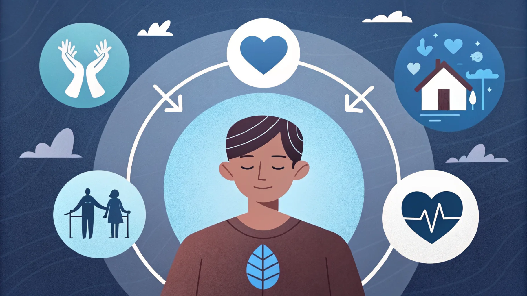Illustration: ein Mensch in der Mitte, verbunden mit Symbolen f&uuml;r K&ouml;rper, Aktivit&auml;t, Teilhabe und Umwelt &ndash; das Zusammenspiel der ICF