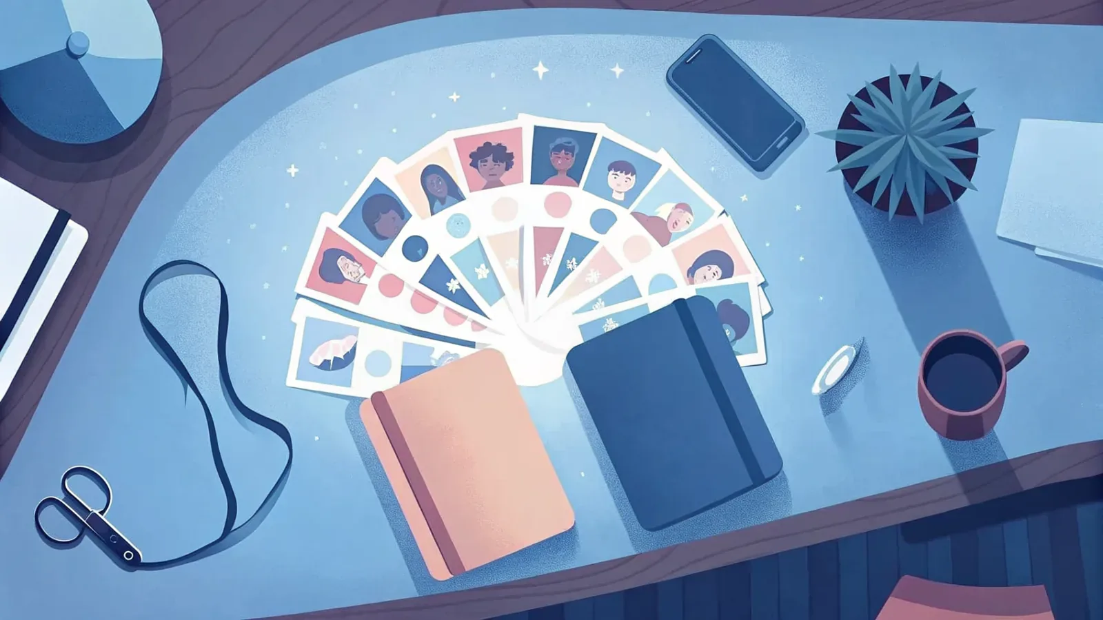 Schreibtisch von oben: ein F&auml;cher aus bunten Symbolkarten, daneben ein Notizbuch, eine Tasse und eine Pflanze