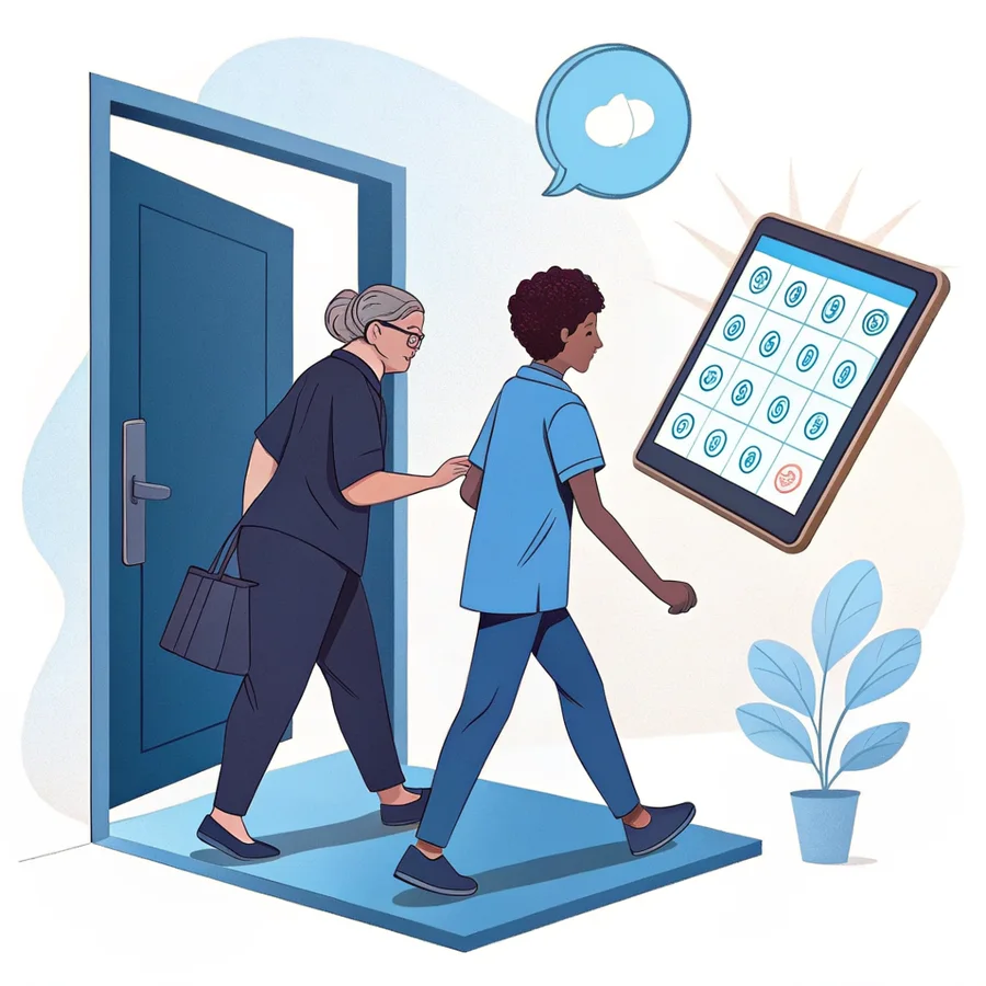 Illustration: Assistenz, ein barrierefreier Zugang und ein Kommunikationsgerät – Veränderungen in der Umwelt