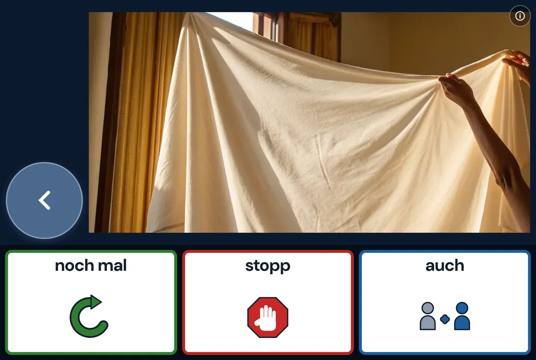Das Spiel Schwungtuch in SceneTalk: oben ein Foto von zwei Menschen, die ein Tuch halten, darunter drei Felder mit den W&ouml;rtern noch mal, stopp und auch