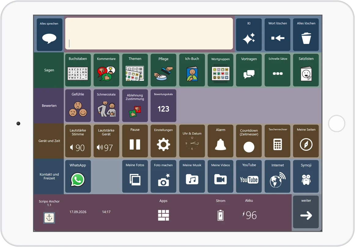 Scripo Anchor, Raster 6&times;10: die Seite Apps mit Sagen, Bewerten, Ger&auml;t und Zeit, Kontakt und Freizeit