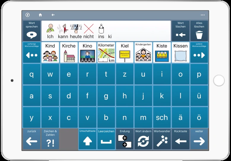 Scripo Pro auf einem Tablet: ein dichtes Raster aus Symbol- und Wortfeldern