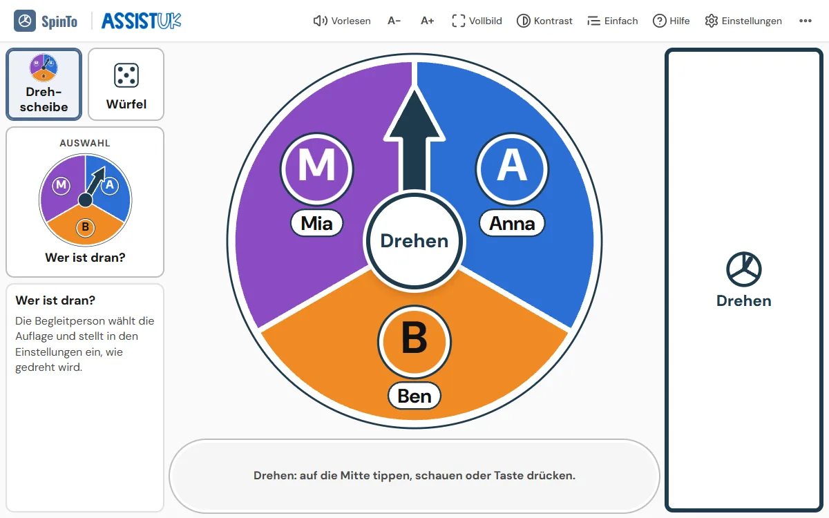 Die Drehscheibe mit der Auflage Wer ist dran? mit den Namen Mia, Anna und Ben. Oben links der Umschalter Drehscheibe oder Würfel, darunter der Knopf Auswahl mit der gewählten Auflage, rechts der große Knopf Drehen, oben die Kopfleiste.