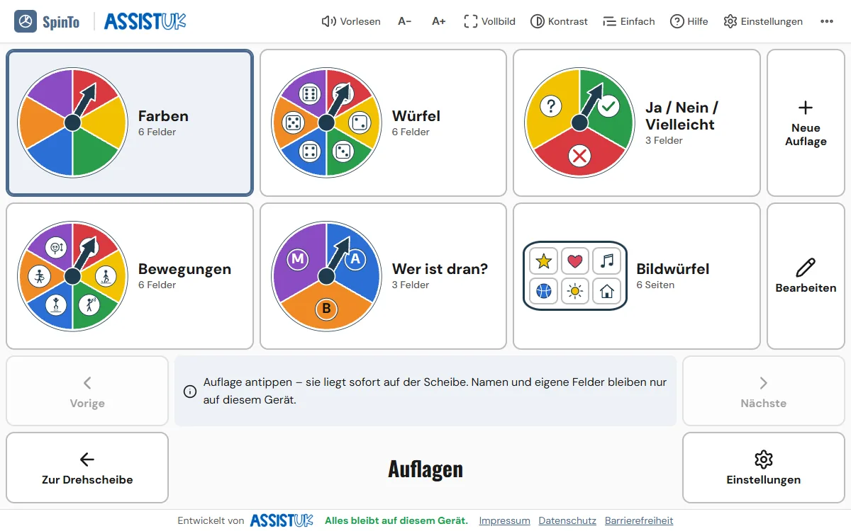 Sechs Auflagen zur Auswahl: Farben, W&uuml;rfel, Ja/Nein/Vielleicht, Bewegungen, Wer ist dran? und Bildw&uuml;rfel