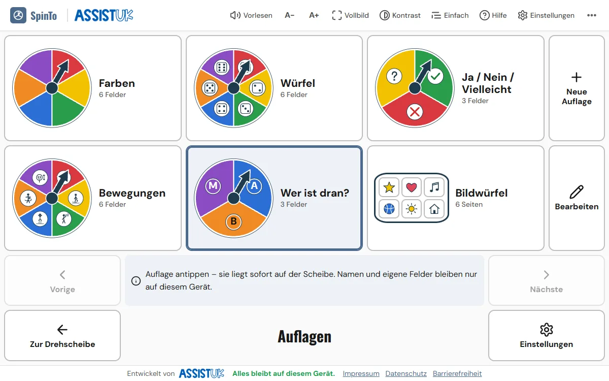 Sechs Auflagen zur Auswahl: Farben, Würfel, Ja/Nein/Vielleicht, Bewegungen, Wer ist dran? und Bildwürfel, dazu die Knöpfe Neue Auflage und Bearbeiten.