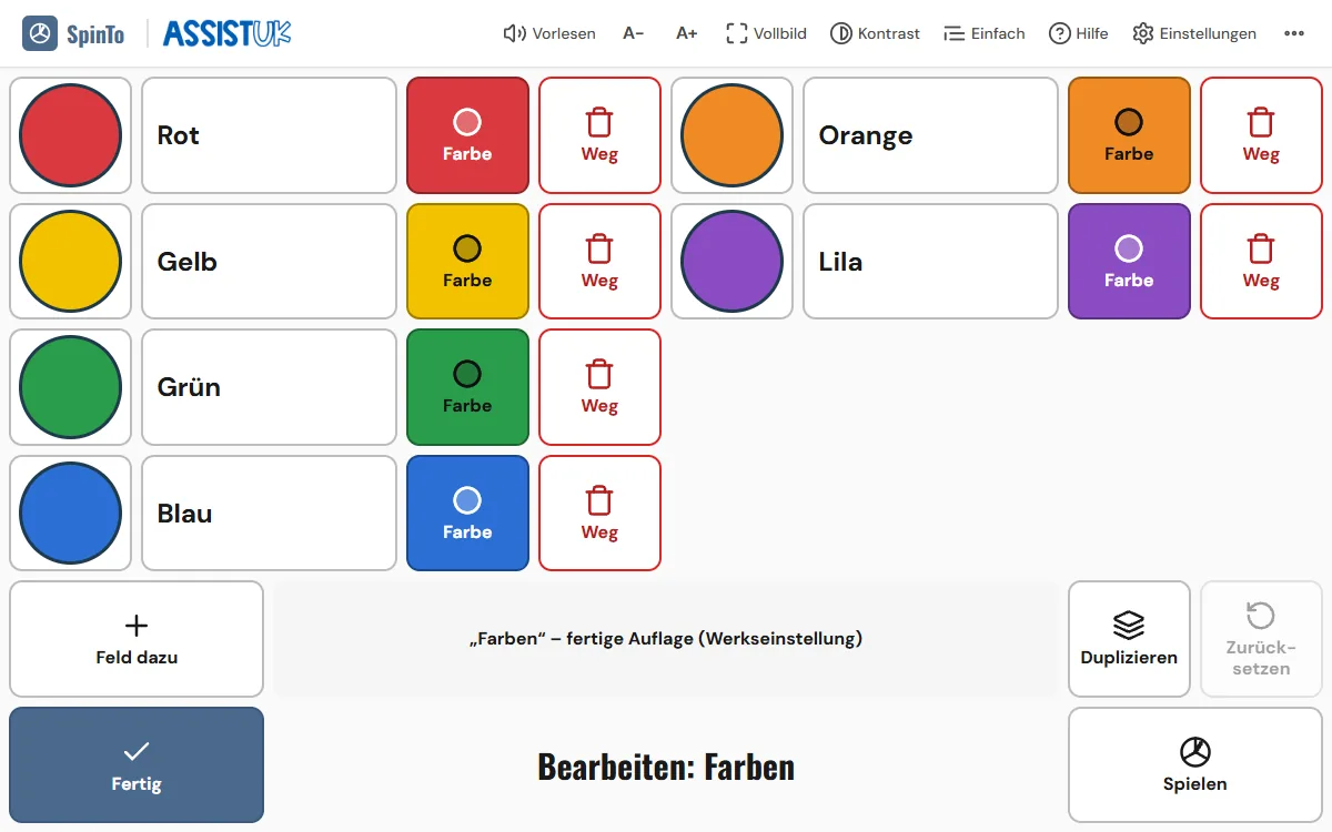 Bearbeiten der Auflage Farben: je Feld ein Bild, ein Wort, eine Farbe und ein Knopf zum Entfernen