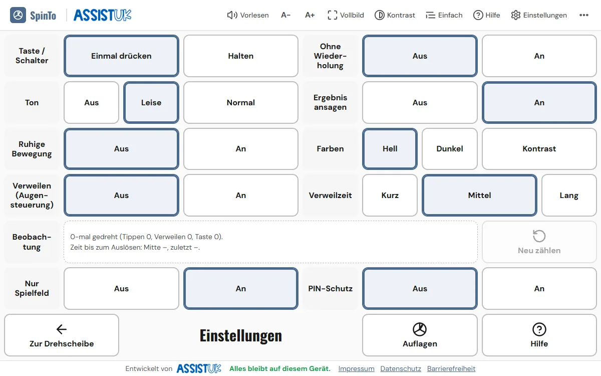 Die Einstellungen in großen Feldern: Taste oder Schalter, Ton, Ruhige Bewegung, Verweilen, Ohne Wiederholung, Ergebnis ansagen, Farben Hell, Dunkel oder Kontrast, Verweilzeit, Beobachtung, Nur Spielfeld und PIN-Schutz.