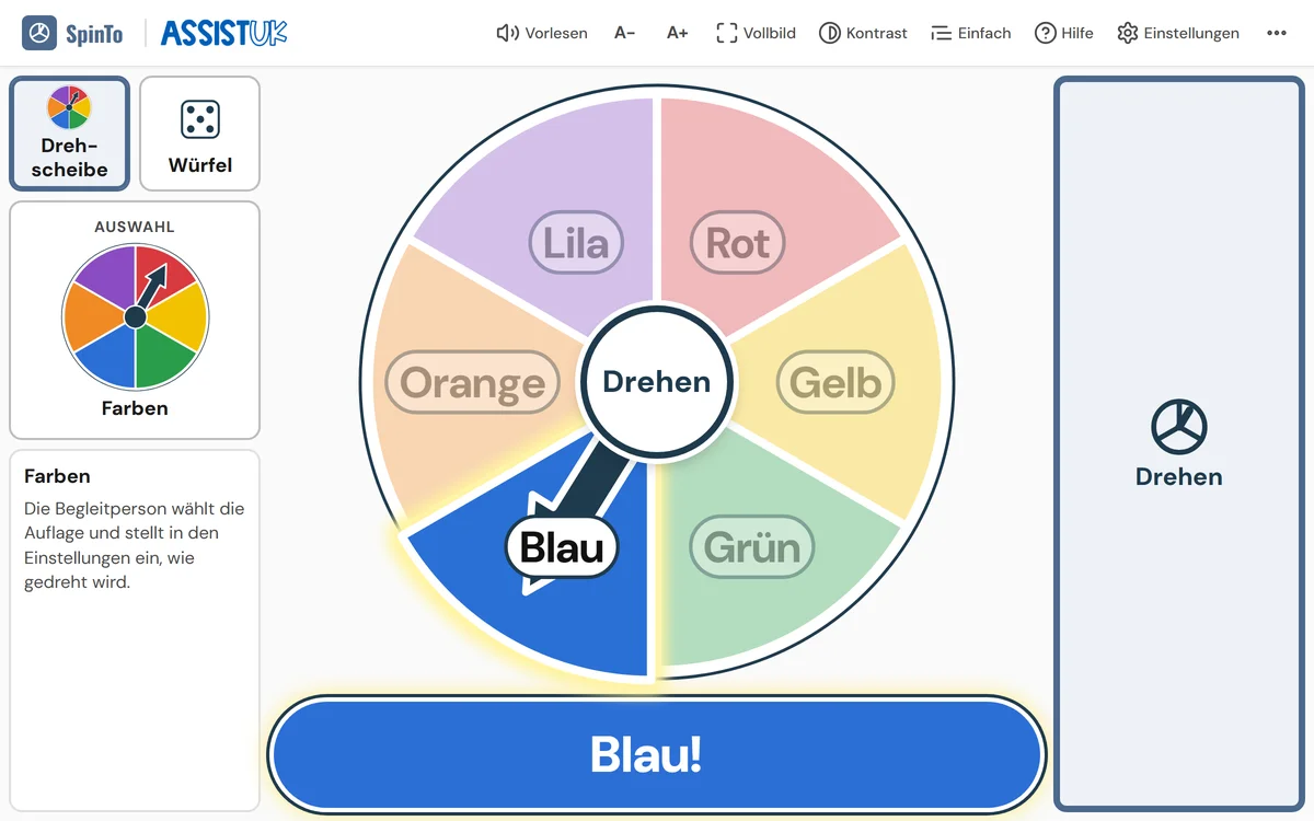 Drehscheibe mit der Auflage Farben. Der Pfeil zeigt auf Blau, im Band unten steht groß: Blau! Links oben der Umschalter Drehscheibe oder Würfel, darunter der Knopf Auswahl mit der gewählten Auflage, rechts der große Knopf Drehen.