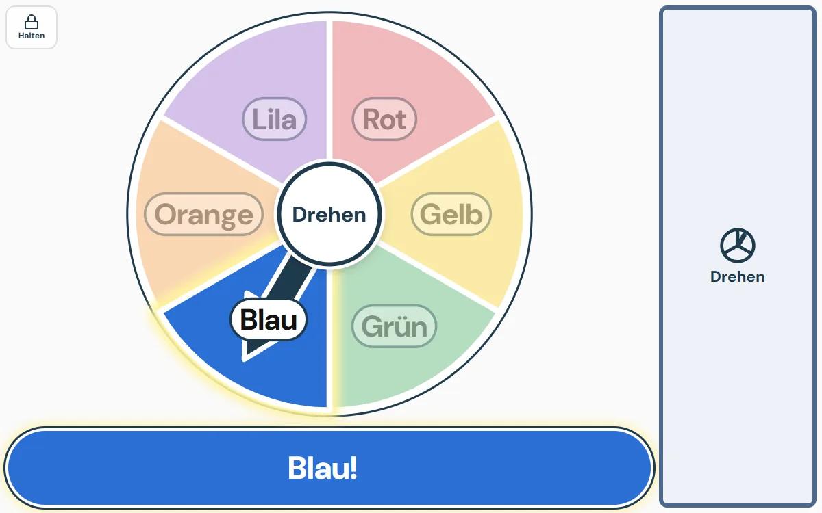 Nur das Spielfeld: die Drehscheibe mit der Auflage Farben, der Pfeil zeigt auf Blau, im Band unten steht groß: Blau! Rechts der große Knopf Drehen, oben links klein der Knopf Halten.