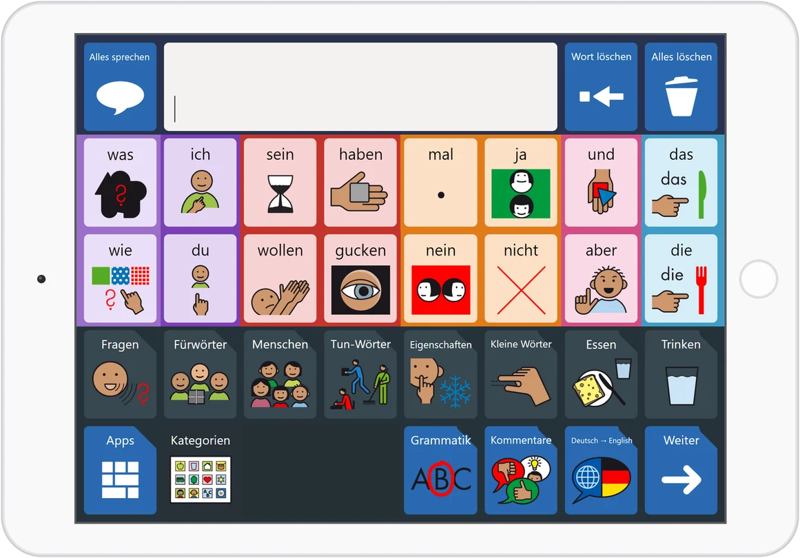 TwinTalk auf dem iPad: Startseite auf Deutsch, unten der Umschalter Deutsch &rarr; English